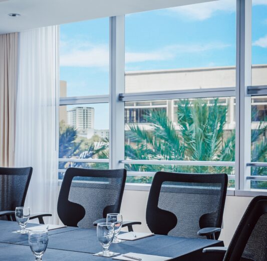 Conference room with black mesh chairs, a table set with water glasses and notepads, and large windows showing palm trees and buildings outside.