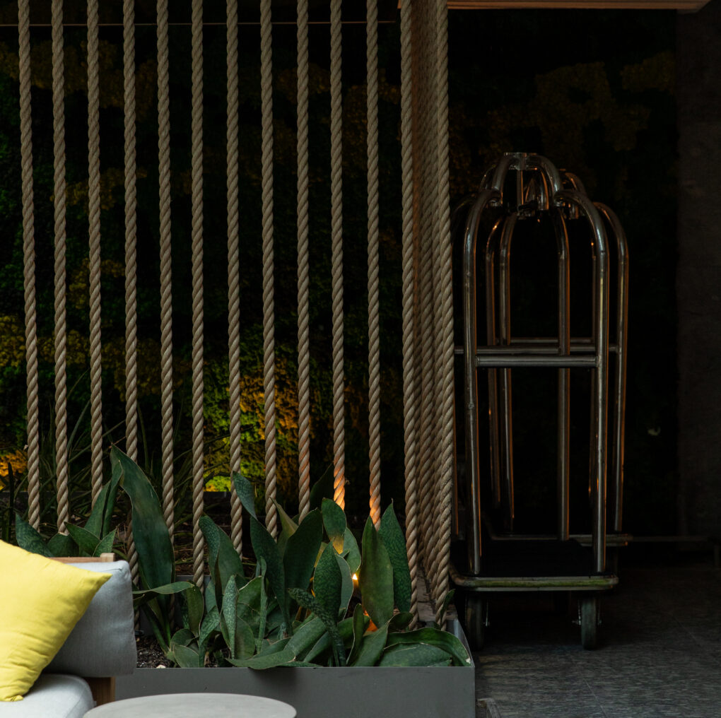 Modern lobby with a rope divider, green plants, a gray round table, part of a sofa with a yellow pillow, and a luggage cart in the background.