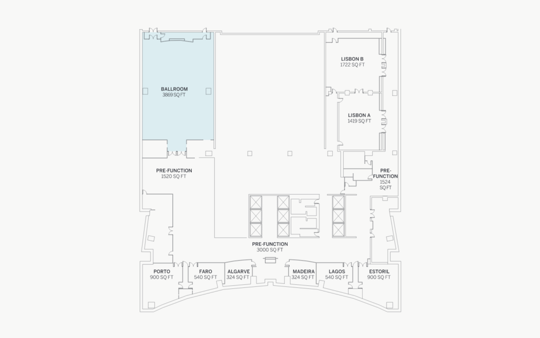 Floor plan showing a large ballroom, multiple function rooms, and labeled spaces such as Lisbon, Porto, Faro, Algarve, Madeira, Lagos, and Estoril.