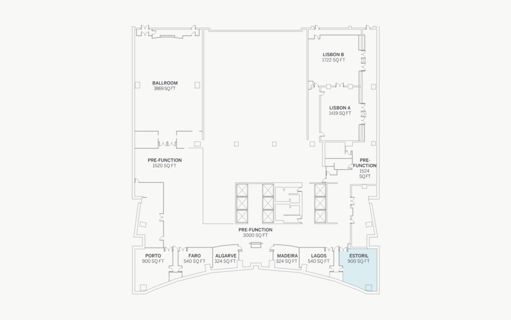Floor plan showing a large ballroom, several meeting rooms, and pre-function areas; each space is labeled with its name and square footage.