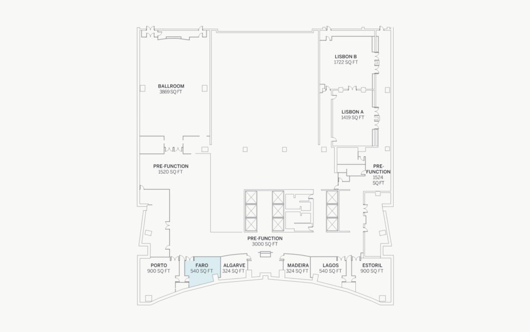 Floor plan of a convention center showing labeled rooms: Ballroom, Lisbon A & B, Porto, Faro, Algarve, Maderia, Lagos, Estoril, and pre-function areas.