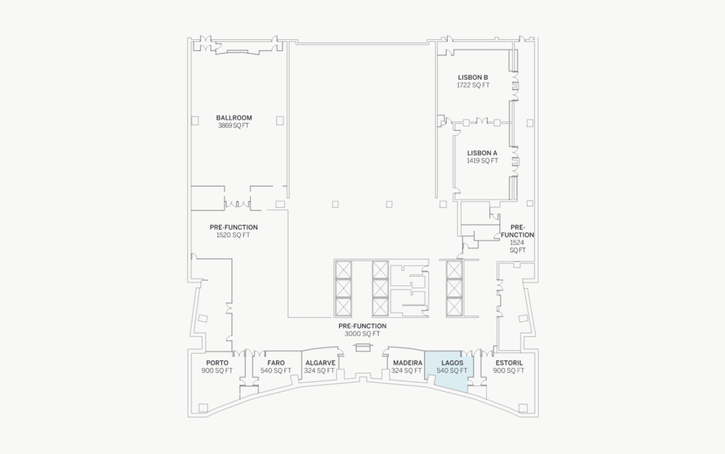 Floor plan of an event space showing a ballroom, Lisbon rooms, pre-function areas, and several smaller rooms labeled Porto, Faro, Algarve, Madeira, Lagos, and Estoril.