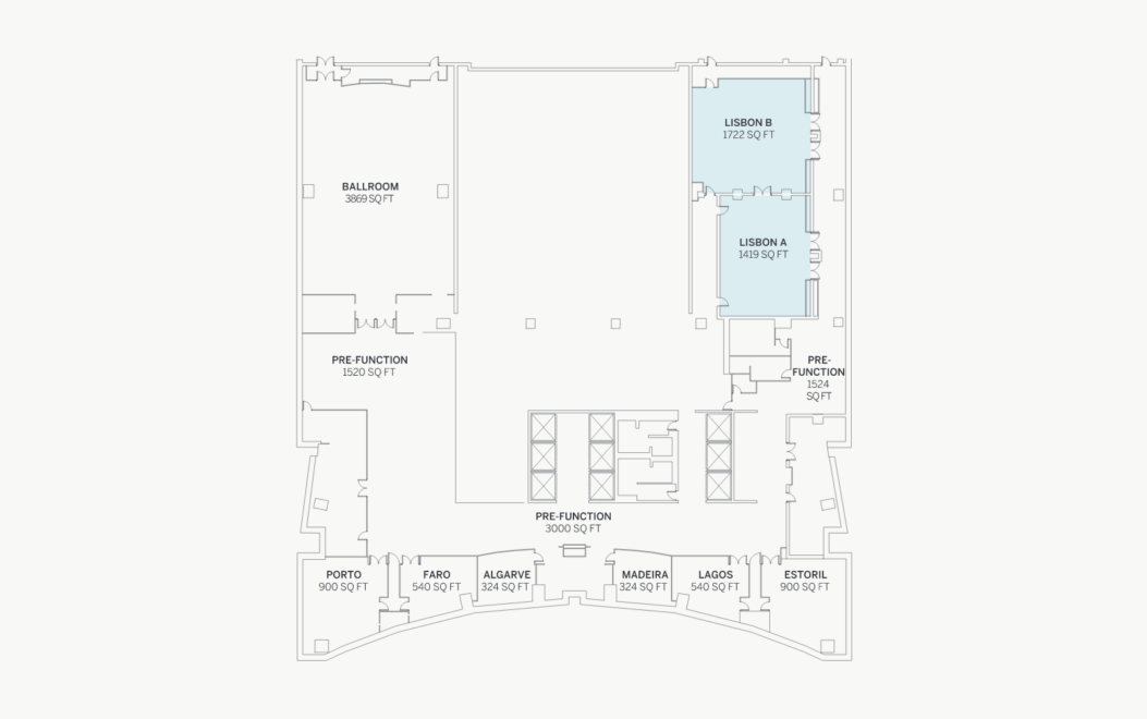 Floor plan of conference center with labeled rooms: Ballroom, Pre Function, Porto, Faro, Algarve, Maderia, Lagos, Estoril, Lisboa A and B.