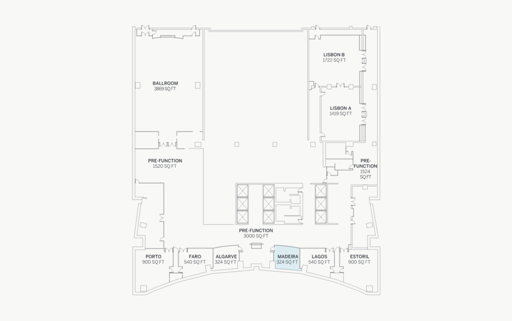 Floor plan of event spaces with labeled rooms: Ballroom, Lisbon A & B, Pre-Function areas, Porto, Faro, Algarve, Madeira, Lagos, and Estoril.