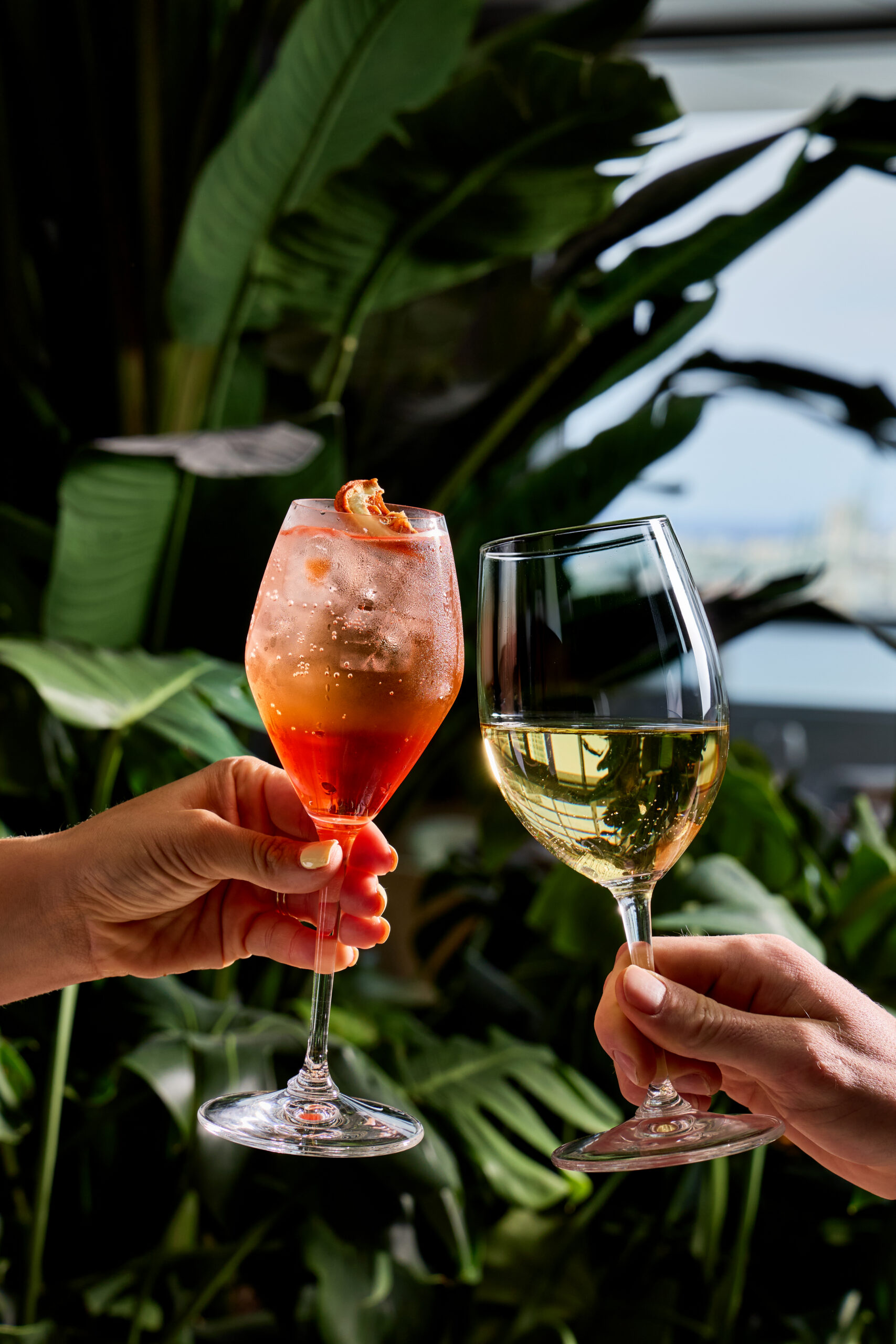 Two hands toasting with glasses, one holding an orange cocktail with ice and the other holding white wine, against a backdrop of lush green plants.