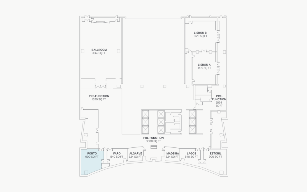 Floor plan of an event space showing labeled rooms, including a ballroom, pre-function areas, and several smaller rooms with square footage marked.