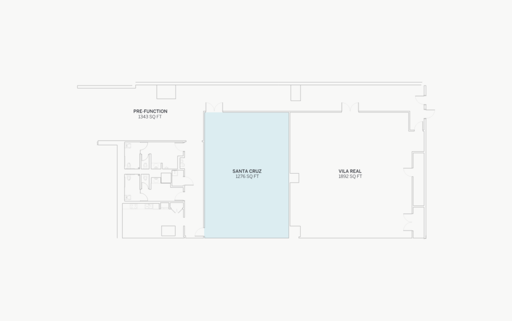 Floor plan showing three labeled areas: Pre-Function (1364 sq ft), Santa Cruz (2475 sq ft, highlighted), and Vila Real (2692 sq ft).