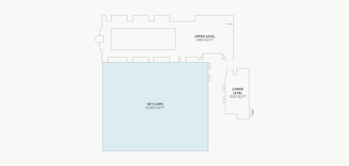 Simple floor plan showing Sky Lawn (12,850 sq ft), Upper Level (6,919 sq ft), and Lower Level (3,870 sq ft) labeled with their areas.