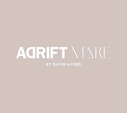 Text logo on a beige background reads ADRIFT MARE BY DAVID MYERS in white, using two distinct font styles.