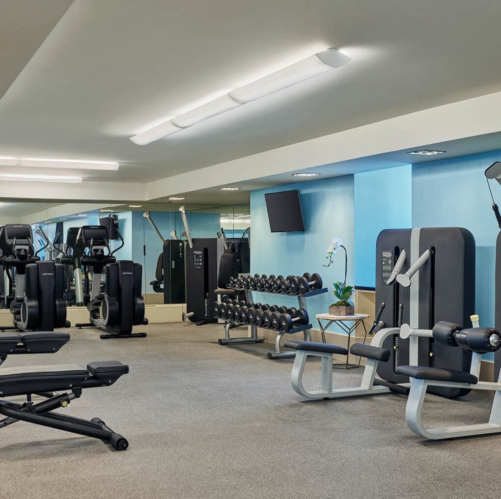 Modern gym with exercise machines, benches, dumbbells, and a wall-mounted TV, all set in a bright, clean room with blue walls and mirrored wall.