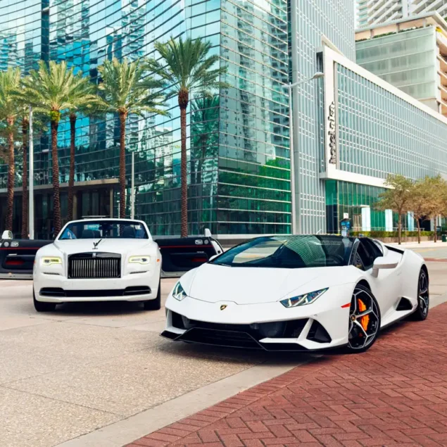 A white Lamborghini and a white Rolls-Royce are parked on a city street with palm trees and modern glass buildings in the background.