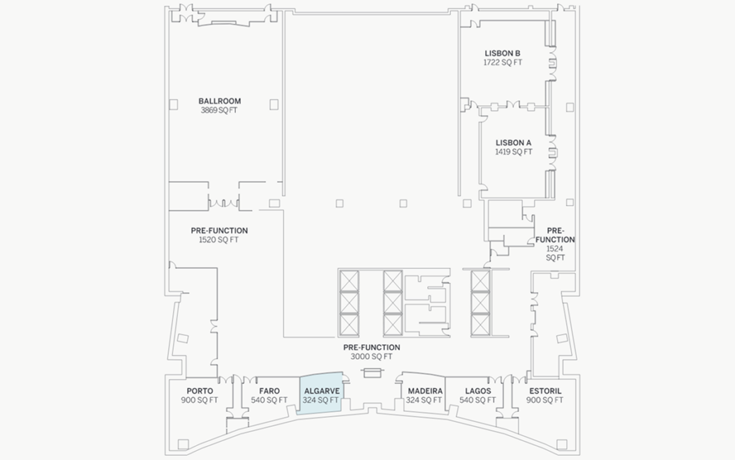 Floor plan of an event space with labeled rooms, including a ballroom, pre-function areas, and meeting rooms named after cities.